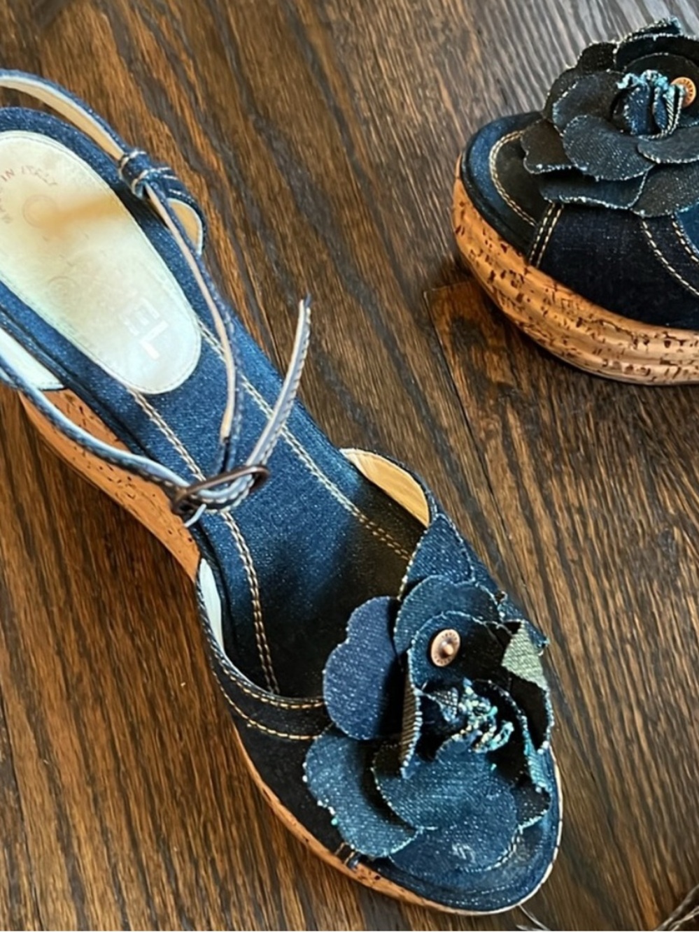 CHANEL Blue Denim Bow Cork Wedge Sandals